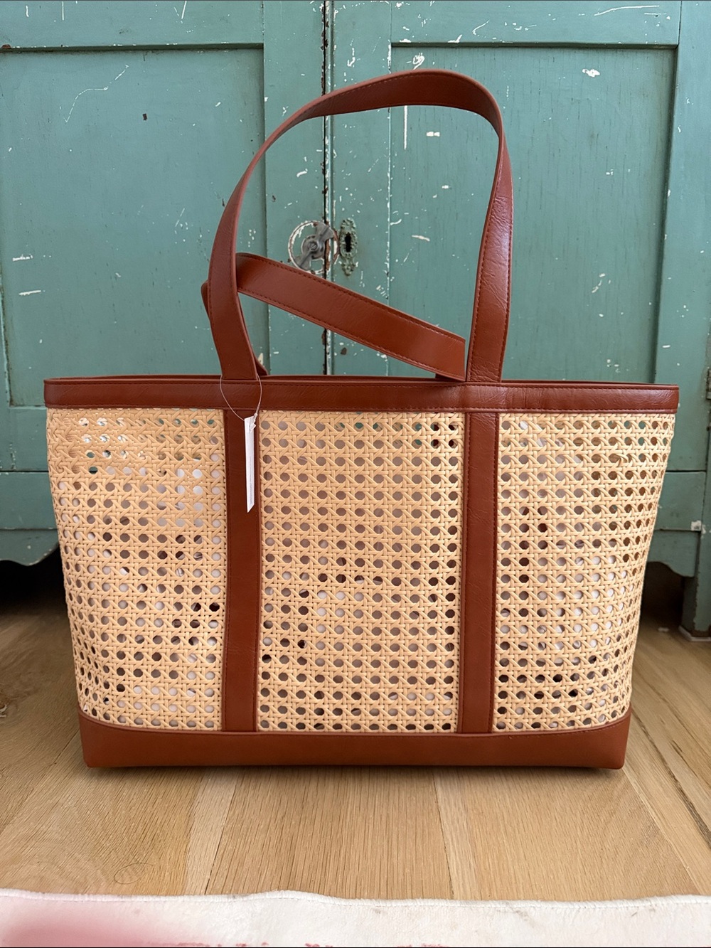 Woven Rattan Tote with Brown Trim - Casual Women’s Shoulder Bag